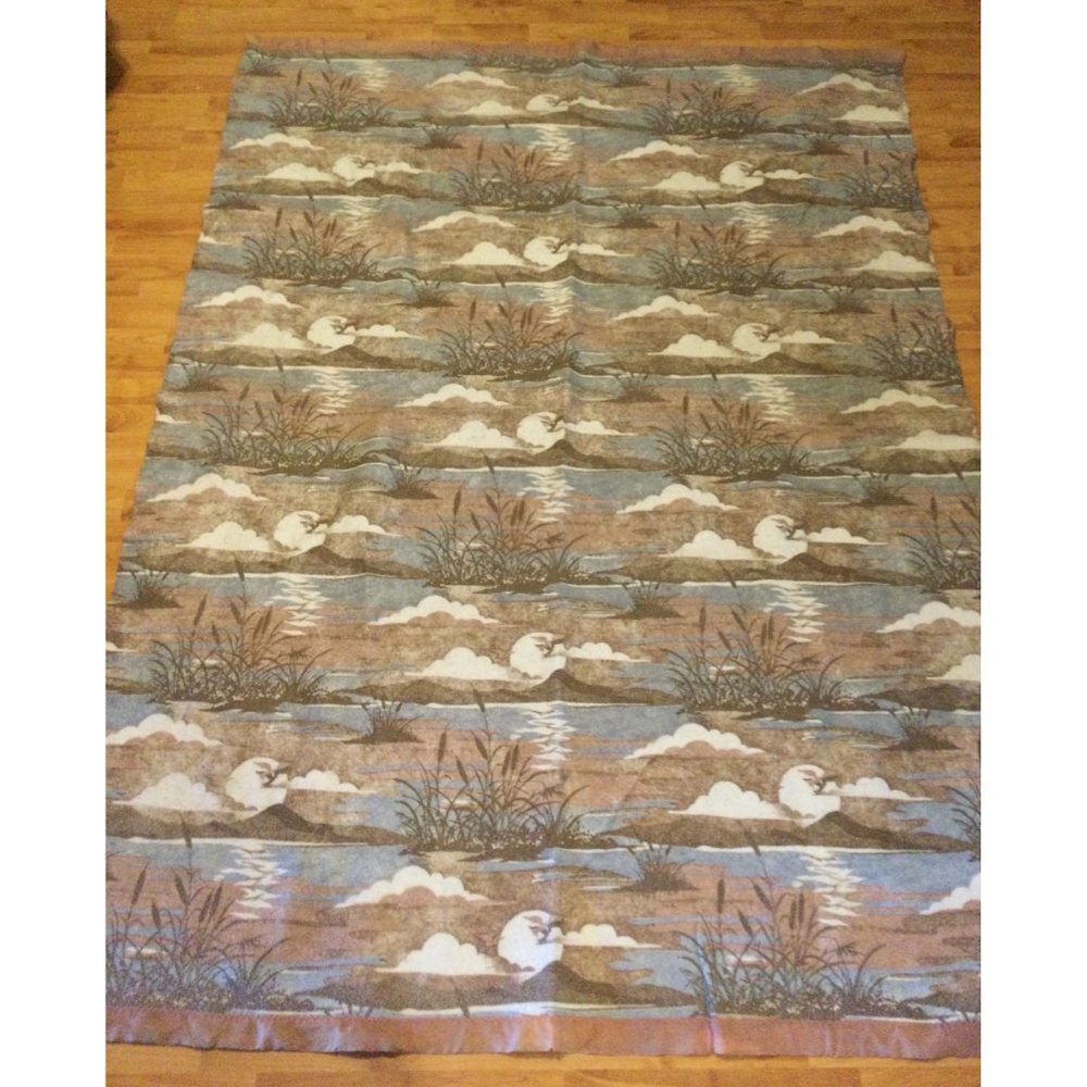 Vintage Throw Blanket Satin Edge Trim Nature Lake Pond Mountains Water Made USA